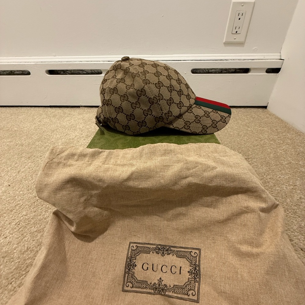 Gucci Brown Monogram Cap with Red Accent